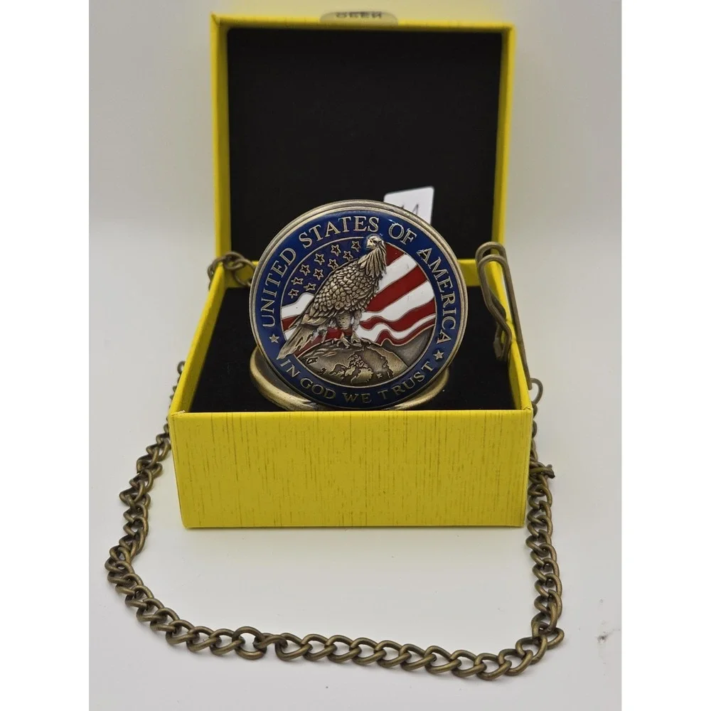 NIB Invicta 49008 Goldtone Pocket Watch  W/ USA, American Eagle,Flag Stars,Chain